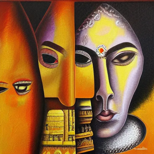 Prompt: highly detailed oil on canvas artwork titled: 'The ego separates', Jahar Dasgupta style, Jahar Dasgupta form