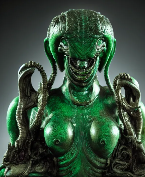 Image similar to xenomorph buddha meditation model hybrid, dragon eggs, dark emerald mist colors, giger background liminal void, cinematic lighting, realistic, award winning photograph, various refining methods, micro macro autofocus