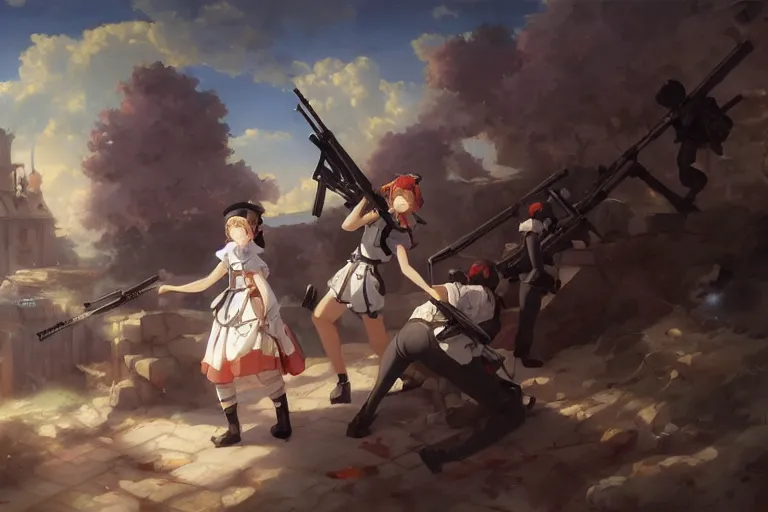 Image similar to baroque oil painting of anime key visual concept art of anime maid committing war crimes with rifle 1 9 4 0 during occupation of france colorized, trending on artstation, brush strokes, oil on canvas, style of makoto shinkai and greg rutkowski and studio ghibli