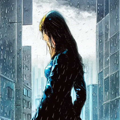 Prompt: low - angle shot from behind of a girl with light blue straight hair in a blue tailcoat overlooking noxia, combat boots, noir, sharp focus, intricate, illustration, wet reflections, rain, highly detailed, art by frank frazzeta, james jean