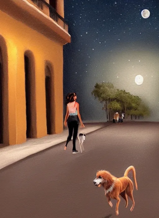 Image similar to young beautiful brown woman walking with her dog on Paseo Montejo in Merida Mexico at night with a full moon, illustration, photoreal, fantasy, trending. masterpiece work of art . oil on canvas. Digitally painted. Realistic. 3D. 8k. UHD.