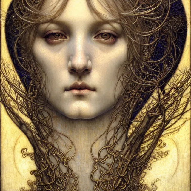 Image similar to detailed realistic beautiful young medieval queen face portrait by jean delville, gustave dore and marco mazzoni, art nouveau, symbolist, visionary, gothic, pre - raphaelite. horizontal symmetry