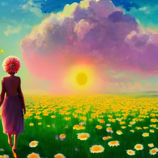 Image similar to giant daisy flower as a head, girl walking in flower field, surreal photography, moon light, dramatic, impressionist painting, colorful clouds, digital painting, artstation, simon stalenhag