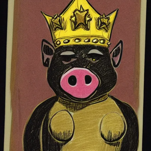 Prompt: al capp drawing of a pig wearing a gold crown