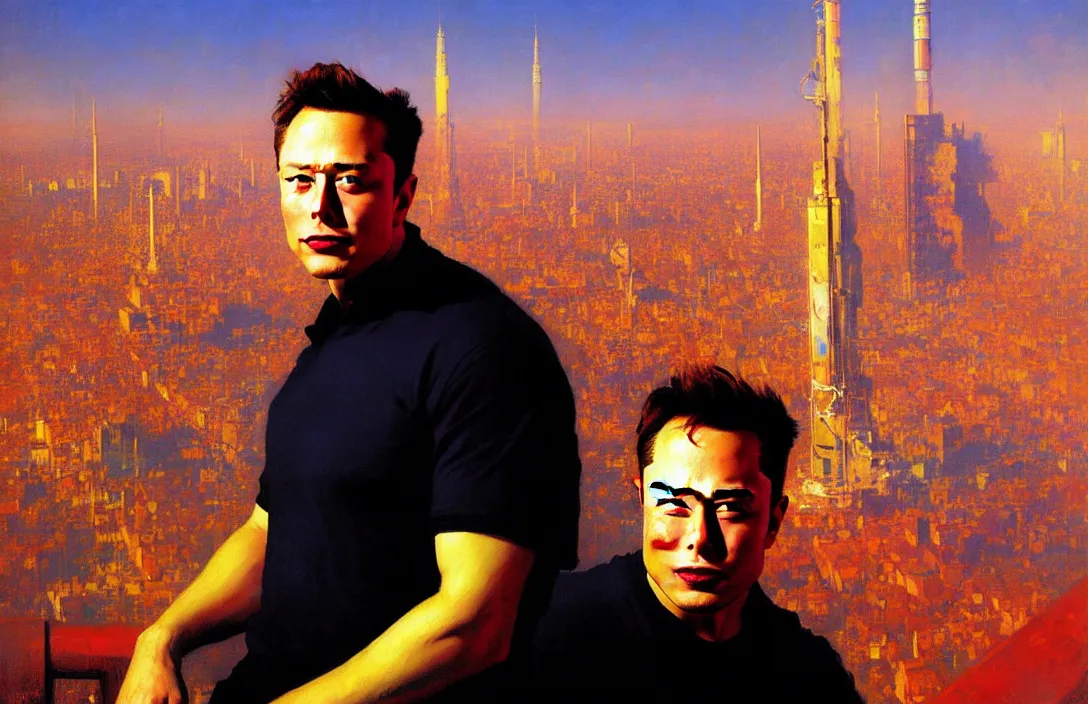 Image similar to portrait of elon musk!!!!!!!!!!!!!!!!!!!!!!!!!!!, detailed face, detailed painting, detailed city background, epic lighting, by ilya repin and phil hale