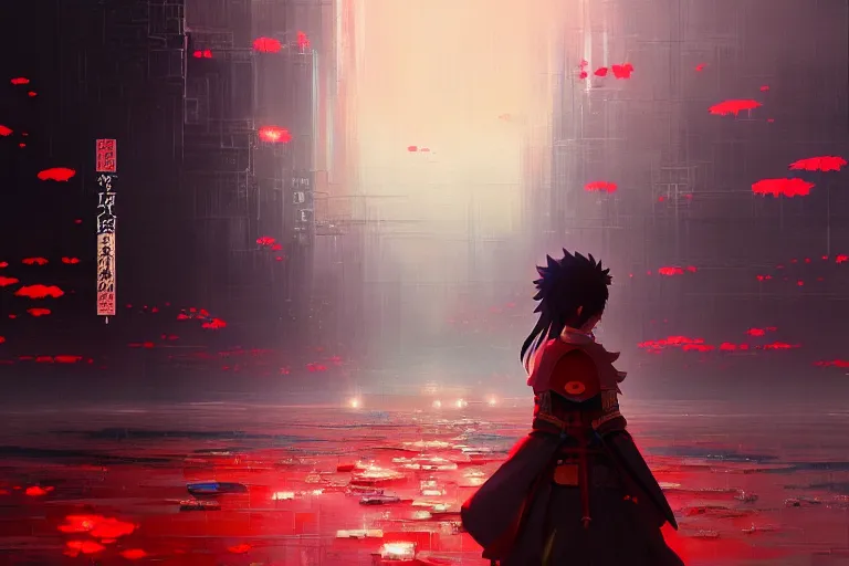 Prompt: baroque oil painting of anime key visual concept art of a samurai girl, red futuristic concrete cityscapes, falling petals, background moonlight, trending on artstation, palette knife and brush strokes, oil on canvas, style of makoto shinkai greg rutkowski studio ghibli