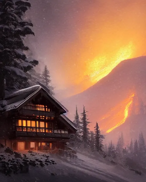 Image similar to mountain chalet covered in fire, smoke, sunrise, snow, sharp details, sharp focus, elegant, highly detailed, illustration, by Jordan Grimmer and greg rutkowski and PiNe(パイネ) and 薯子Imoko and 香川悠作 and wlop and maya takamura, intricate, beautiful, Trending artstation, pixiv, digital Art