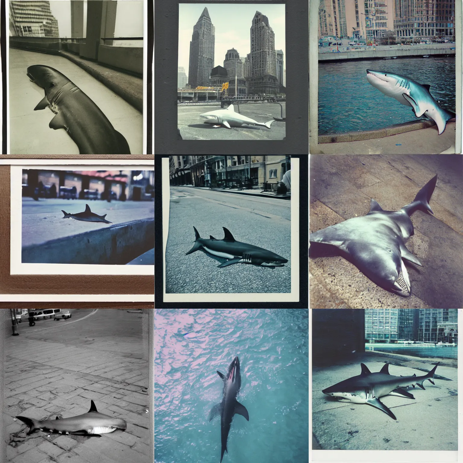 Prompt: real image of shark lying in big city, polaroid color photograph