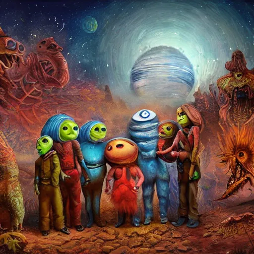 Image similar to happy extraterrestrial family in village on ancient post - apocalyptic planet, jim henson creature shop, vivid and colorful, cinematic, oil painting, highly detailed, illustration