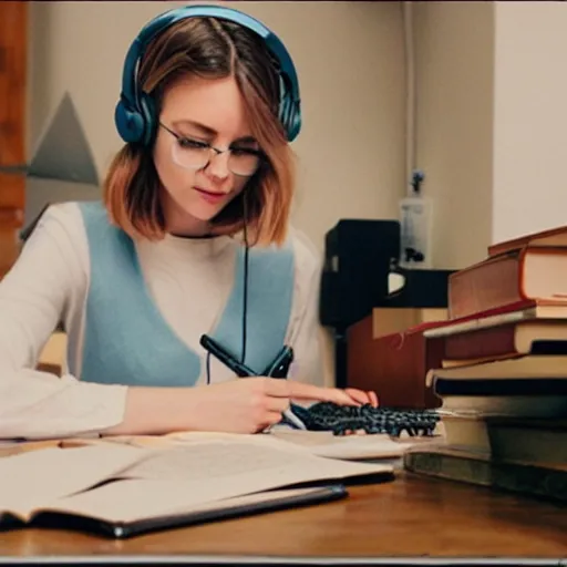 Prompt: The LoFi Beats girl at her desk, studying with headphones on, resembling Taylor Swift