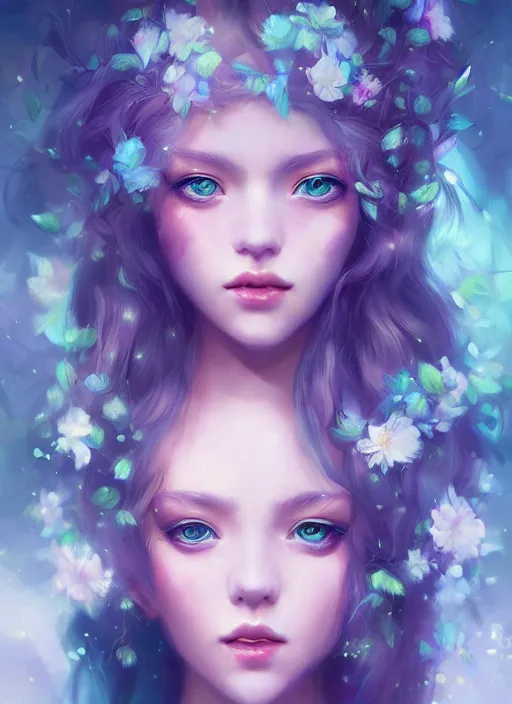 Prompt: a gorgeous flower princess portrait by WLOP, emerald yellow eyes, blue hair, digital painting, beautiful lighting, mystical , cgsociety, artstation