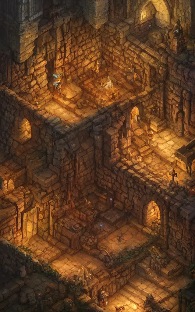 Image similar to a digital painting of an isometric fantasy medieval dungeon by justin gerard, paul bonner, highly detailed, volumetric lighting, digital art, isometric, artstation hd