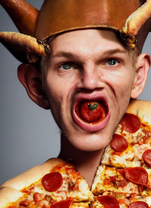 Image similar to closeup portrait of a medieval goblin eating pizza, depth of field, zeiss lens, detailed, symmetrical, centered, fashion photoshoot, by Annie Leibovitz and Steve McCurry, David Lazar, Jimmy Nelsson, Breathtaking, 8k resolution, extremely detailed, beautiful, establishing shot, artistic, hyperrealistic, beautiful face, octane render