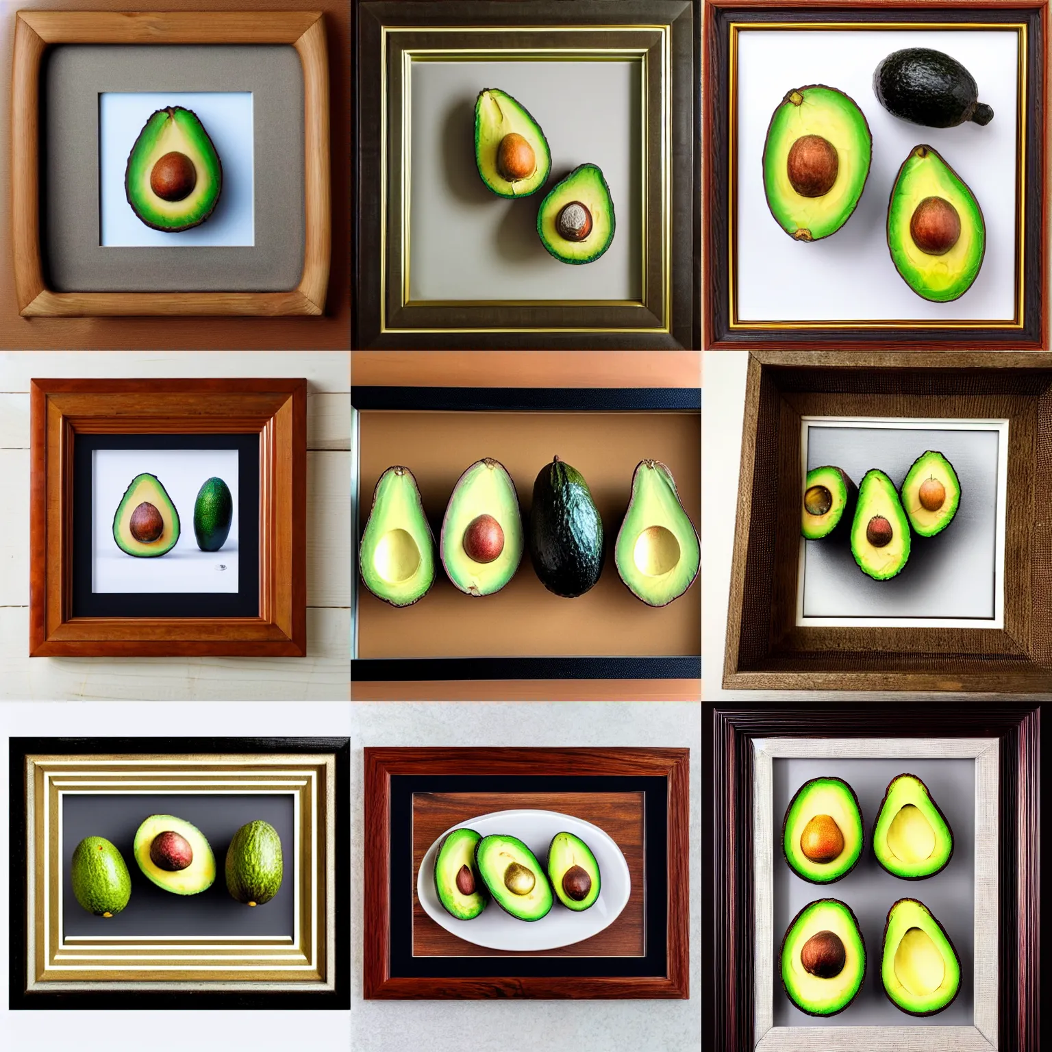 Prompt: a framed photo of avocados
