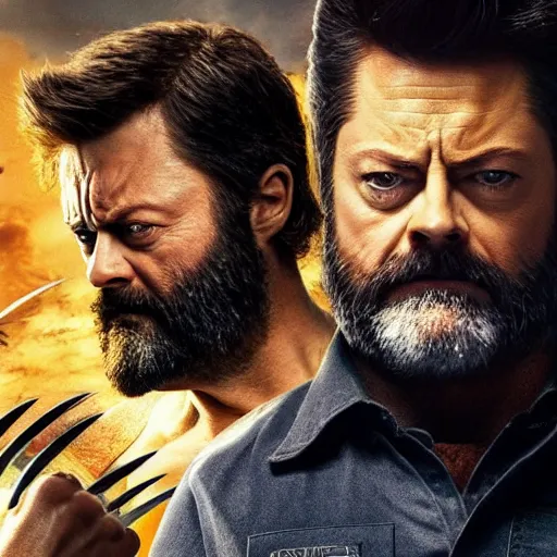 Image similar to logan pictured as nick offerman in wolverine x - men suit, marvel movie still, detailed 8 k, imdb poster style