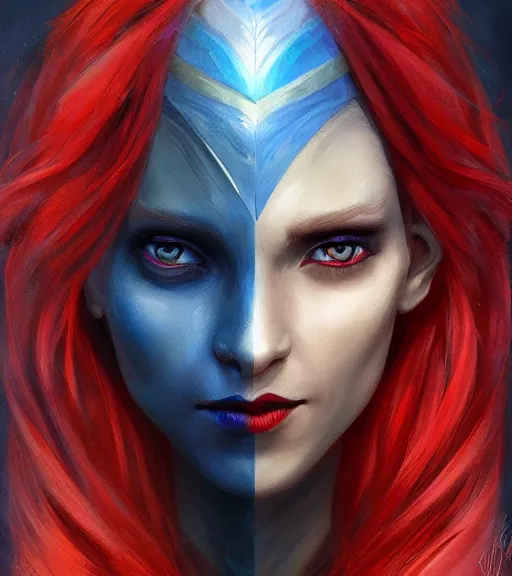 Image similar to A detailed matte oil on canvas head on symmetrical fanart portrait of a distinguished elven woman with red and blue hair by Charlie bowater and lise deharme wlop, trending on artstationhd, dungeons and dragons art critical role