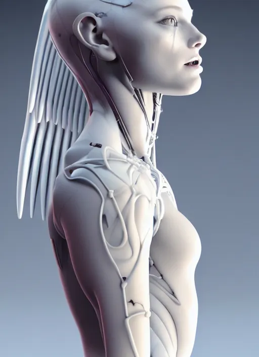 Image similar to a bloody statue made of white marble, of an gorgeous futuristic cybernetic angel girl, prostheses, transhumanism, full body shot, perfect symmetrical body, perfect symmetrical face, hyper realistic, hyper detailed, by quentin tarantino by johannen voss, by michelangelo, octane render, blender, 8 k