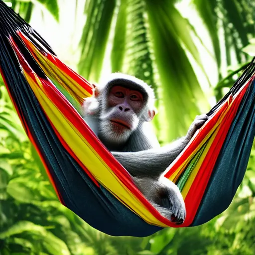 Image similar to digital art of a monkey laying in a hammock eating a banana, octane render, 8 k render, saturated, dynamic lighting