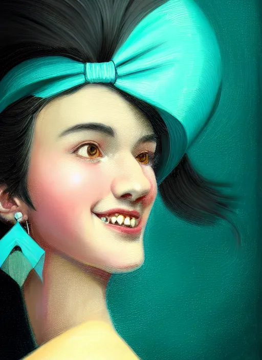 Image similar to portrait of high school girl, realistic, black hair, bangs, half updo hairstyle, pointy nose, skinny, smile, ugly, defined jawline, big chin, teal hair bow, earrings, intricate, elegant, glowing lights, highly detailed, digital painting, artstation, sharp focus, illustration, art by wlop, mars ravelo and greg rutkowski