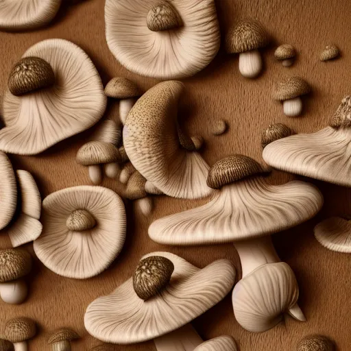 Prompt: woodcarving of multiple mushroom texture, photorealism, octane render, 8k