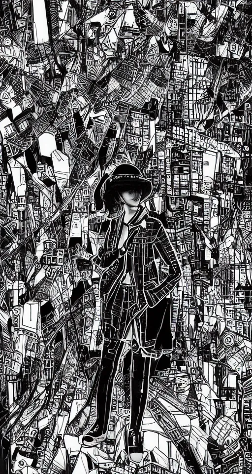 Prompt: cypherpunk fashion illustration, camera face, black and white and red, manga, city street background with high tall buildings, central park, abstract landscape, diane arbus, highly detailed, finely detailed, shadows realism