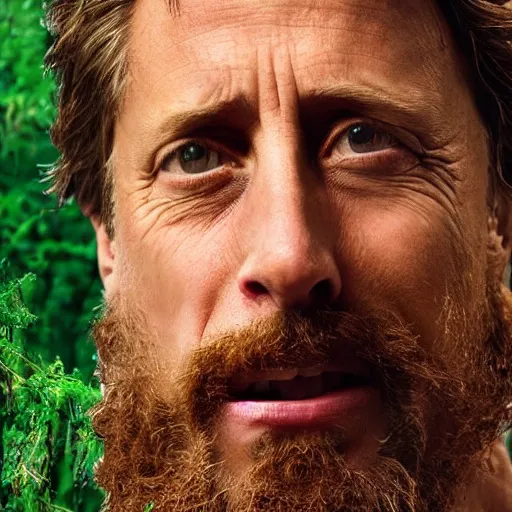 Prompt: hugh grant man vs wild, extreme log shot, born survivor, face with beard, extreme, wide shot, sunset ligthing, forest and fear, worms, bonfire, mud, man in white t - shirt, art by rocha andreas,