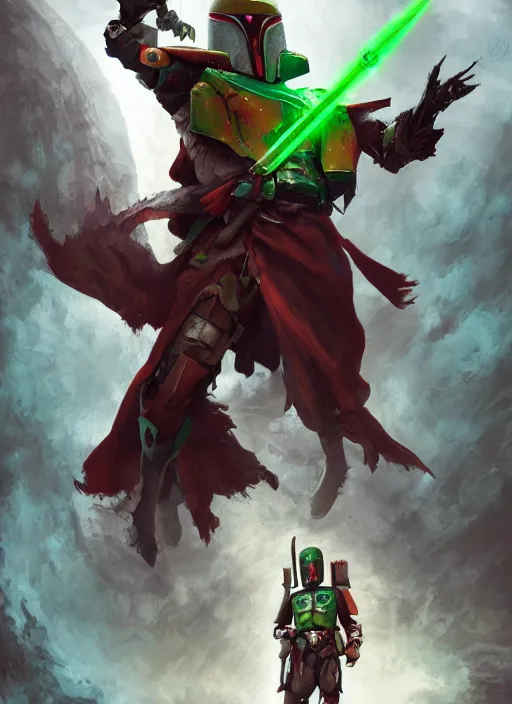 Prompt: arcane wizard x boba fett, fantasy inspired boba fett as a wizard in a scenic environment, 3 d digital art, character mashup, epic volumetric lighting, combination art, photorealistic, sharp focus, aesthetic, inspired by studio ghibli