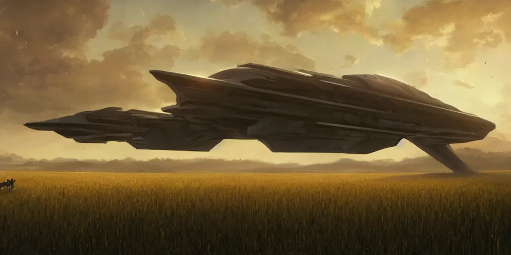 Image similar to wide shot of a tall and thin monolithic spaceship hovering in the air high above a cornfield, late afternoon, golden hour, highly detailed, smooth, sharp focus, concept art by greg rutkowski and ruan jia and stanley lau