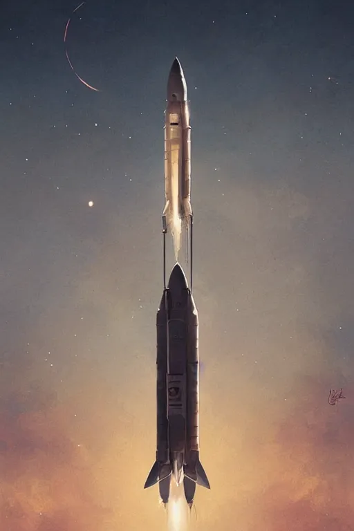 Image similar to poster artwork. distant rocket taking off. on the horizon. during golden hour. symmetry. washed out. desaturated. art by wlop, mars ravelo and greg rutkowski.