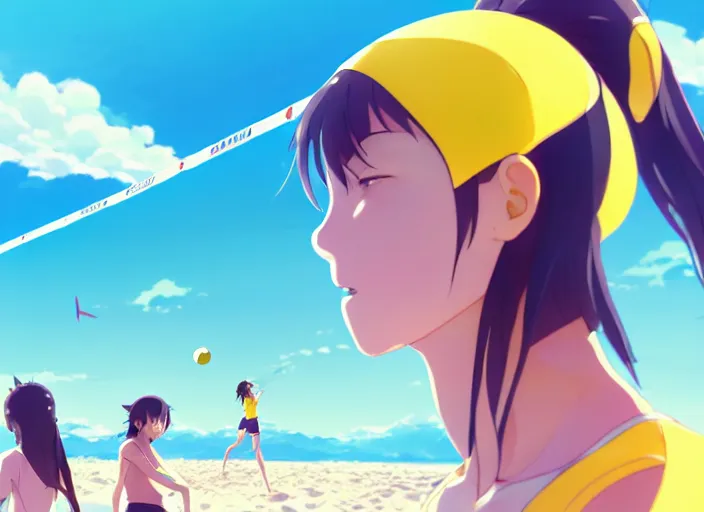 Image similar to side portrait of cute high school girl playing beach volley, sunny sky background stadium landscape illustration concept art anime key visual trending pixiv fanbox by wlop and greg rutkowski and makoto shinkai and studio ghibli and kyoto animation symmetrical facial features sports clothing futuristic yellow nike shirt