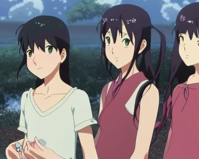 Image similar to three pretty!!!! anime women looking disgustedly!!!!! at the viewer, by makoto shinkai, studio ghibli