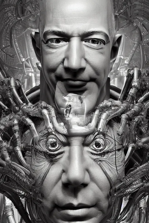 Prompt: jeff bezos as an alien invader, photorealistic, cinematic lighting, highly detailed, very intricate, by hr giger