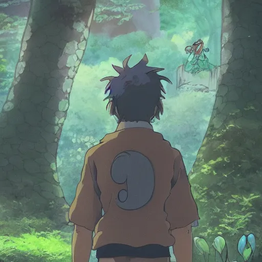 Image similar to friendly guy and small creature , with Fragile looking character portrait face made in Studio Ghibli artstyle ,highly detailed art, beautiful scene, sharp focus, smooth, 8k, anime art, fantasy, style in ghibli anime style, fantasy, island, forest, ghibli animal in 8k