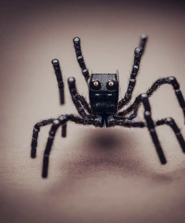 Image similar to high quality presentation photo of a cute miniature robot spider, photography 4k f1.8 anamorphic bokeh 4k Canon Nikon