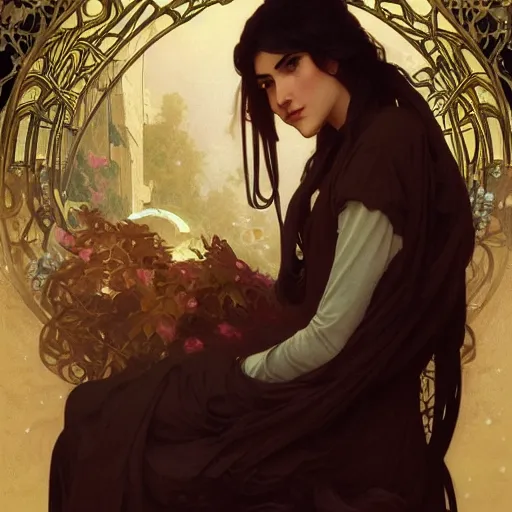 Prompt: portrait of nimueh, elegant, art nouveau, tarot card, highly detailed, digital painting, artstation, concept art, smooth, sharp focus, illustration, art by artgerm and greg rutkowski and alphonse mucha and william - adolphe bouguereau