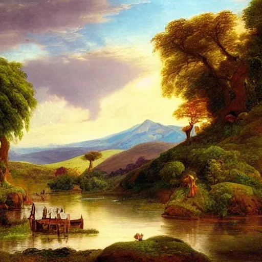 Prompt: A beautiful land art of a landscape. It is a stylized and colorful view of an idyllic, dreamlike world with rolling hills, peaceful looking animals, and a flowing river. The scene looks like it could be from another planet, or perhaps a fairy tale. close-up by Augustus Edwin Mulready unified, doom