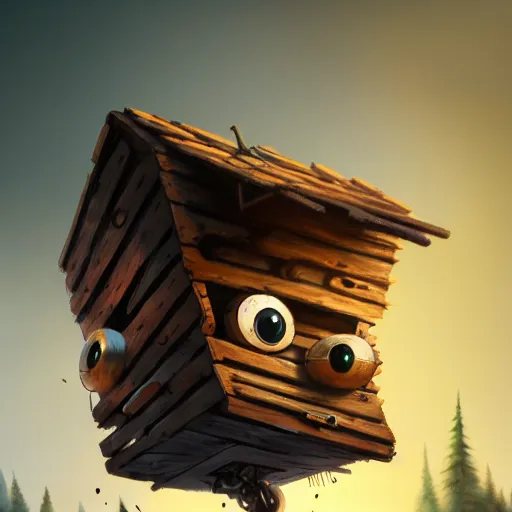 Image similar to a walking wood and metal house with two mechanical legs and two eyes, rust, hyperrealistic, highly detailed, cinematic, single ray of sun, morning, pareidolia, gravity falls style, beautiful, cgssociety, artstation, 8 k, oil painting, digital art