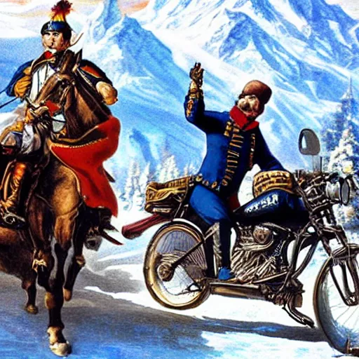 Image similar to Napoleon Crossing the Alps on a Harley Davidson