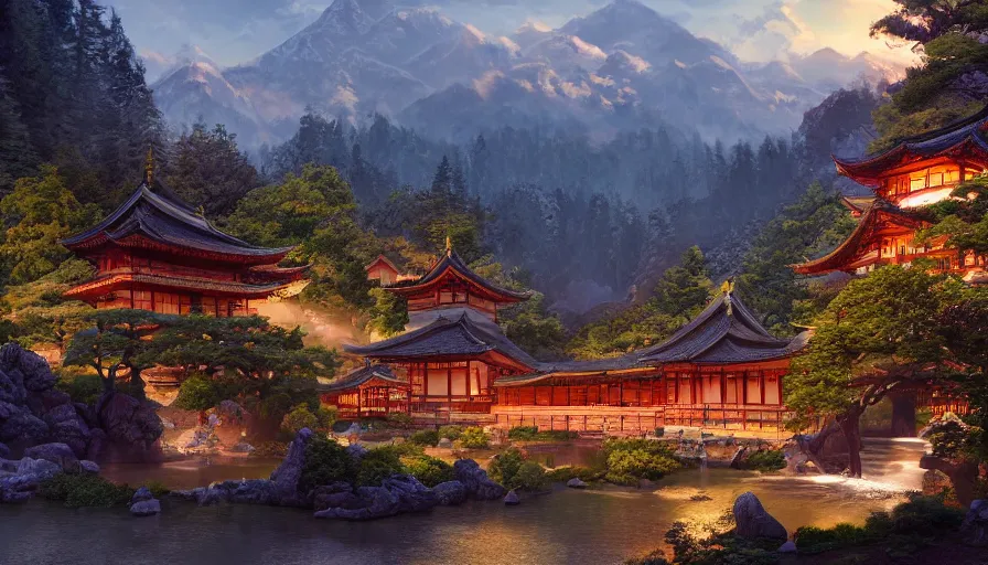 Prompt: rivendell with japanese pagodas built in the mountains with waterfalls and forest at the foot of green gigantic mountains at sunset, fireplace, hyperdetailed, artstation, cgsociety, 8 k