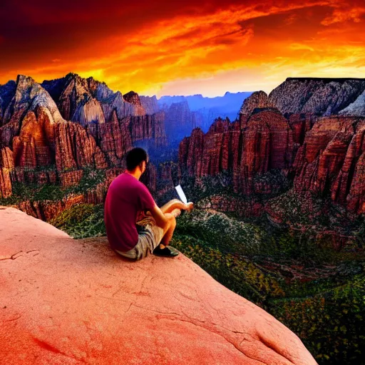 Prompt: award winning cinematic still of man studying the bible in zion national park, rock formations, colorful sunset, epic, cinematic lighting, dramatic angle, heartwarming drama directed by Steven Spielberg, wallpaper