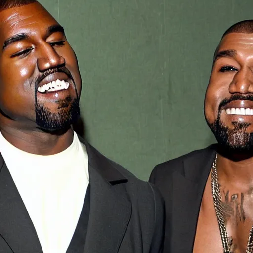 Image similar to Kanye East telling Kanye West jokes, both laughing and having a good time