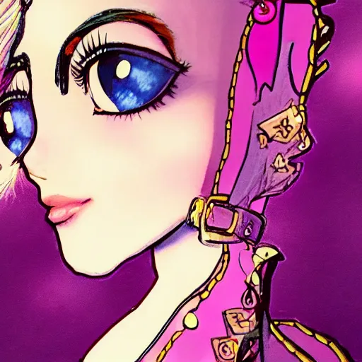Image similar to beautiful little girl, profile picture, vintage fashion, highly detailed, reflection, 8 k, realistic artwork, hd, inspired by jojo bizarre adventure, 9 0 s anime art style, elegant, makeup