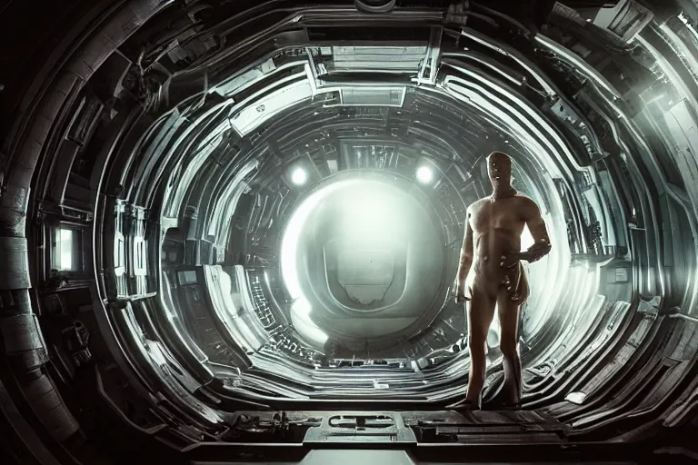 Prompt: a cinematic portrait of a cyber tech mutant inside of a mothership looking out of a large doorway, beautiful lighting, high depth, ultra realistic, artistic, by annie leibovitz and zack snyder