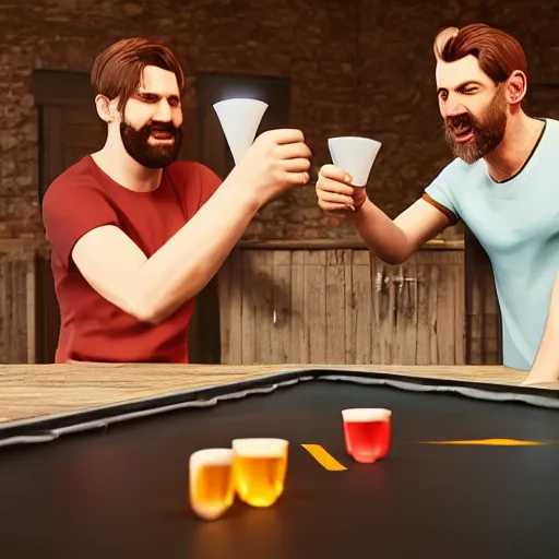 Prompt: Two members of the temperance movement playing beer pong with silly grins on their faces, epic digital art, artstation, artstationhd, 8k, unreal engine 5, octane render