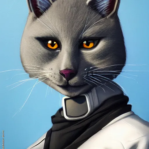 Image similar to Portrait painting an anthropomorphic Gray cat wearing a jacket and a collar, as an Overwatch character, medium shot, asymmetrical, profile picture, Organic Painting, sunny day, Matte Painting, bold shapes, hard edges, street art, trending on artstation, by Huang Guangjian and Gil Elvgren and Sachin Teng