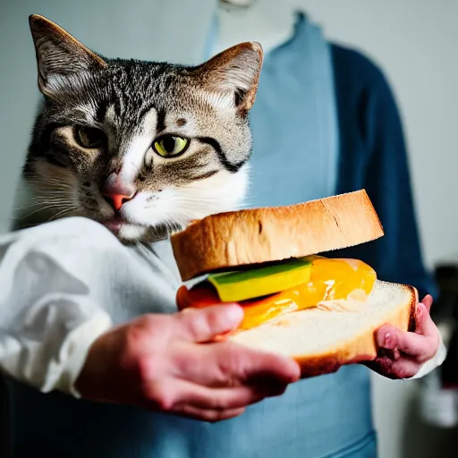Image similar to an anthropomorphic cat makes a ham sandwich in a kitchen, 85mm f1.8