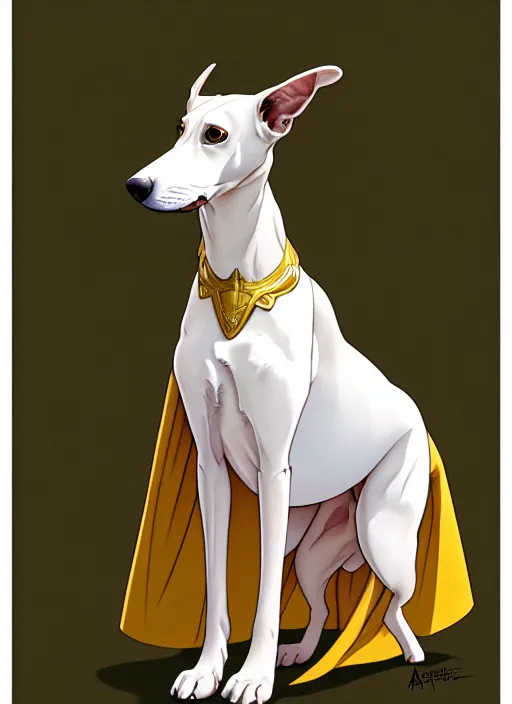 Prompt: cute white brown greyhound wearing golden cape, natural lighting, path traced, highly detailed, high quality, digital painting, by don bluth and ross tran and studio ghibli and alphonse mucha, artgerm