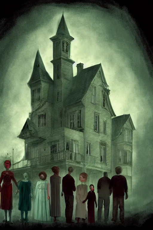 Image similar to an unsettling old colored family photograph, anxious people standing in a large haunted house, phantom ghosts in the background, cinematic, horror, photorealistic, vintage, artstation, painterly, expressive