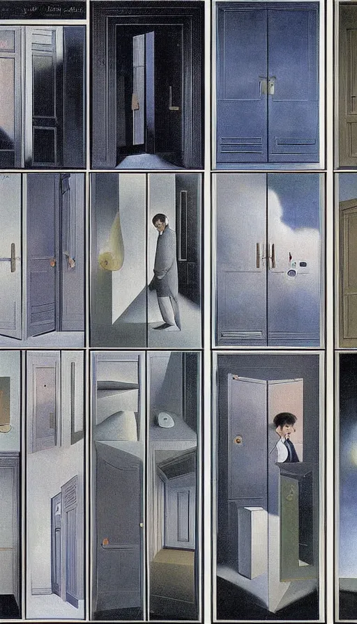 Prompt: doors of phase transitions by carrington, bosch, dali, barlowe, magritte