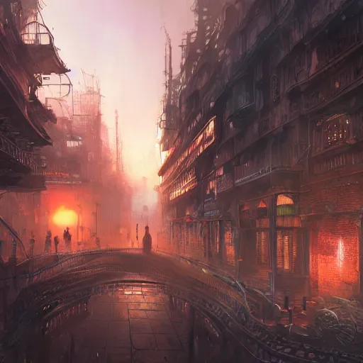 Image similar to steampunk city, sunrise, landscape, intricate, detailed, volumetric lighting, scenery, digital painting, highly detailed, artstation, sharp focus, illustration, concept art, ruan jia, steve mccurry